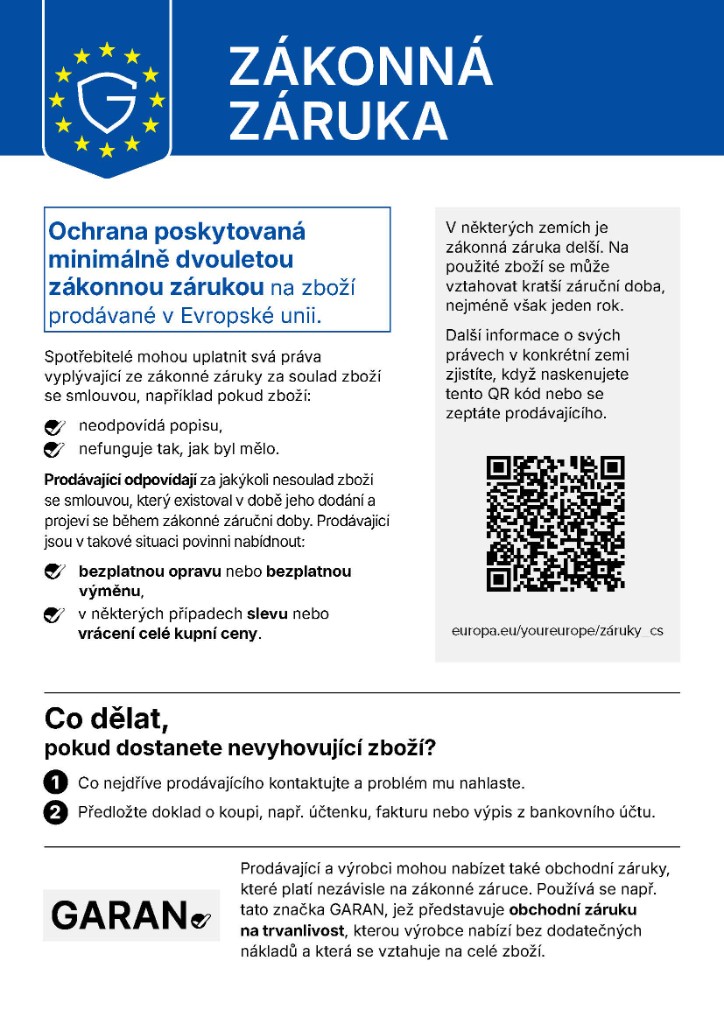 Poučení o zákonné záruce na zboží prodávané v Evropské unii